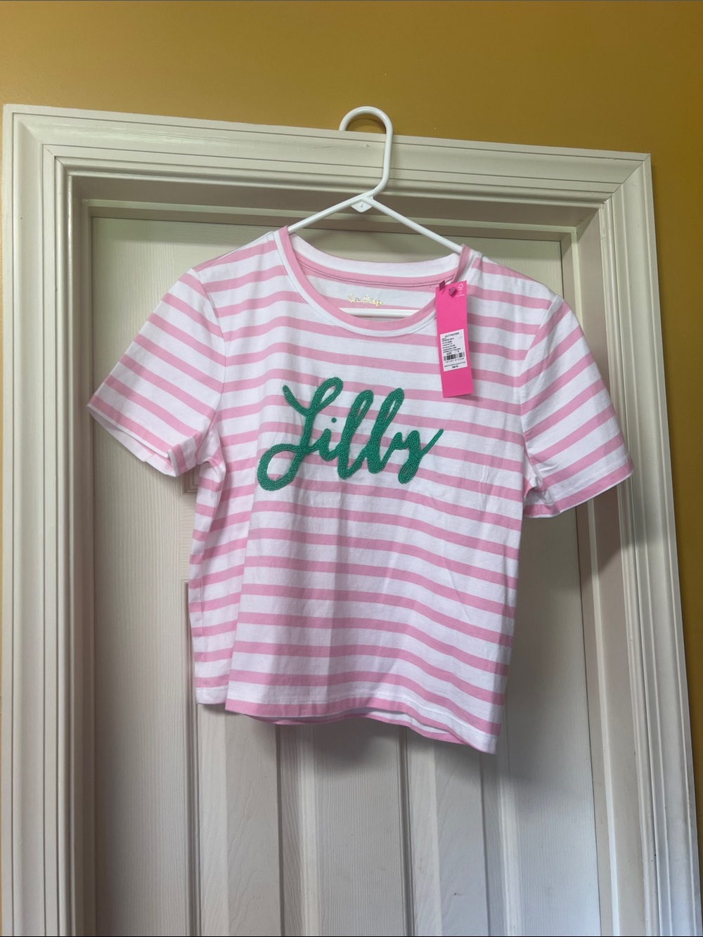 Lilly Pulitzer Pink & White Striped Tee with Green Logo